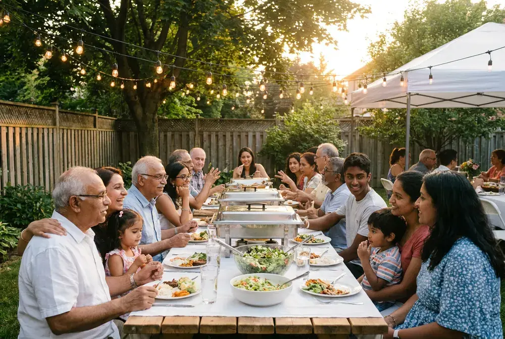 An extended family shares dinner at long tables in a backyard