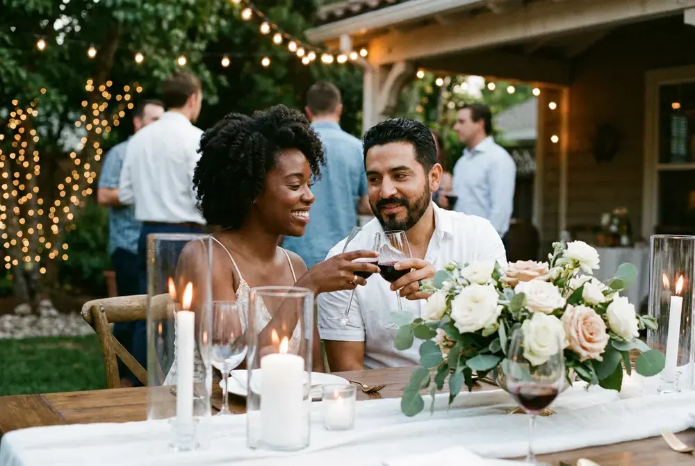 A couple raises a toast at a candlelit anniversary dinner