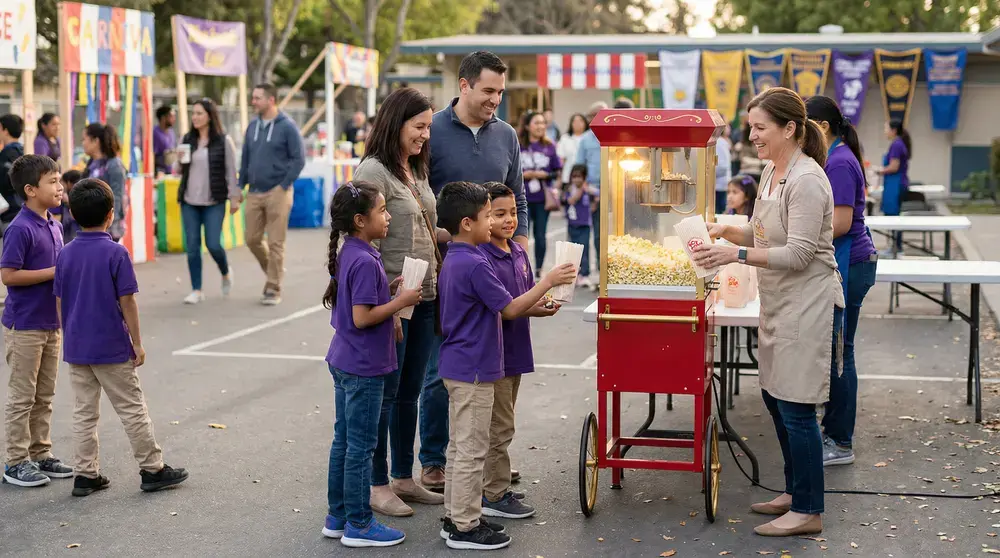 Students and parents line up at a popcorn machine at a school fun fair