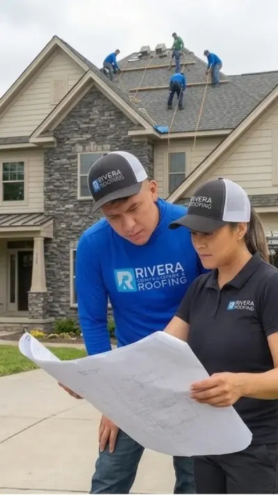 Rivera Roofing crew reviewing roof plans during a personalized consultation.