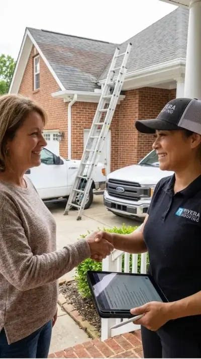 Rivera Roofing team member greeting a homeowner before a free roof inspection.