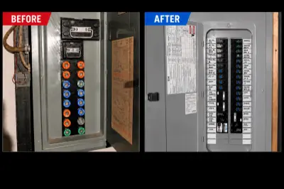Before-and-after photographs of an older fuse panel and a replacement breaker panel