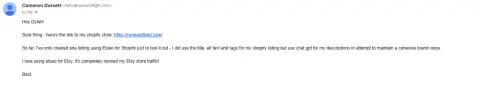 Original screenshot of Cameron's testimonial