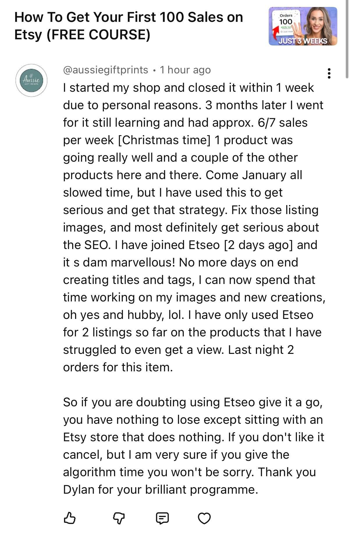 Original screenshot of Aussie Gift Prints' testimonial