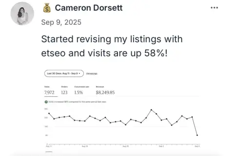 Original screenshot of Cameron's testimonial with Etsy stats