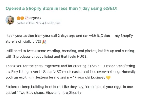 Original screenshot of Shyla's testimonial