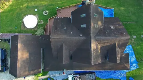 Fairfield, PA roof before replacement, first aerial angle of original roof.