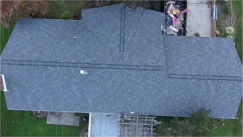 Completed roof replacement in New Cumberland, PA, aerial view of new roof.