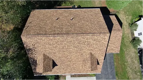 Second finished roof replacement in Gettysburg, PA, aerial view of new roof.