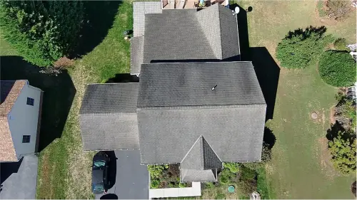 Gettysburg, PA home before roof replacement, overhead view of roof.