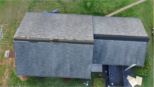 New Oxford, PA roof before replacement, aerial view showing aging shingles.