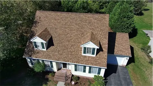 Gettysburg, PA roof replacement finished, overhead view of new shingles.