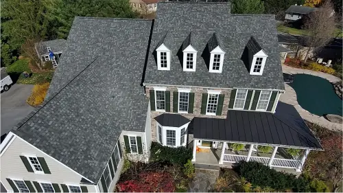 Finksburg, MD roof replacement completed, aerial view of new roof and property.