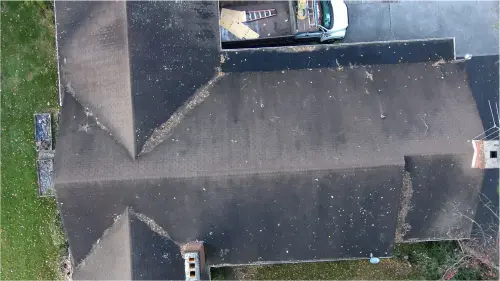 Dillsburg, PA home before roof replacement, aerial view of original roof.