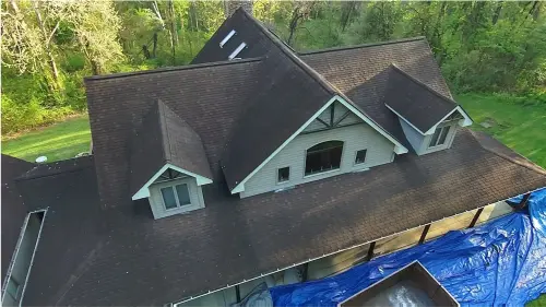 Roof in Fairfield, PA before replacement, aerial view of older shingles.