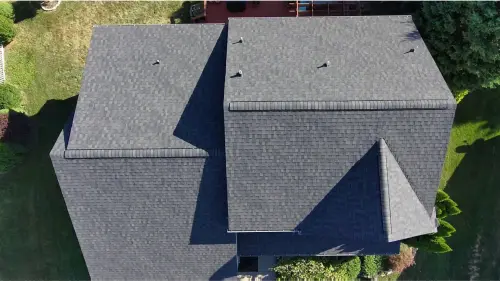 Completed roof replacement in York, PA, aerial view of new shingle roof.