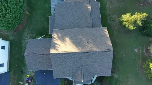 Roof in Gettysburg, PA after replacement, overhead view of new shingles.