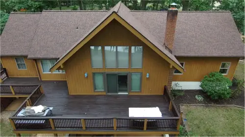 Completed roof replacement in East Berlin, PA, aerial view of finished home.
