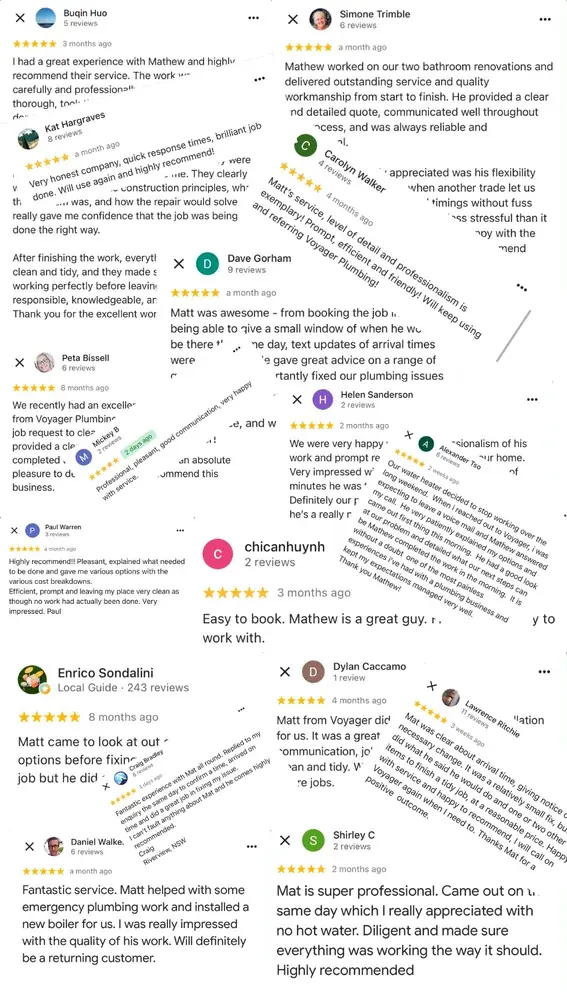 Collage of 5-star Google reviews from Voyager Plumbing customers