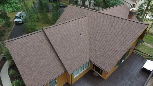 East Berlin, PA roof replacement completed, front aerial view of home.