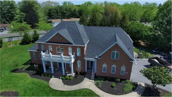 Completed roof replacement in Finksburg, MD, aerial view of new roof surface.