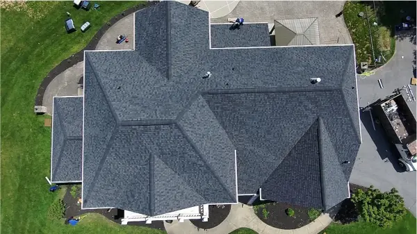 Finished roof replacement project in Finksburg, MD, aerial view of new roof.