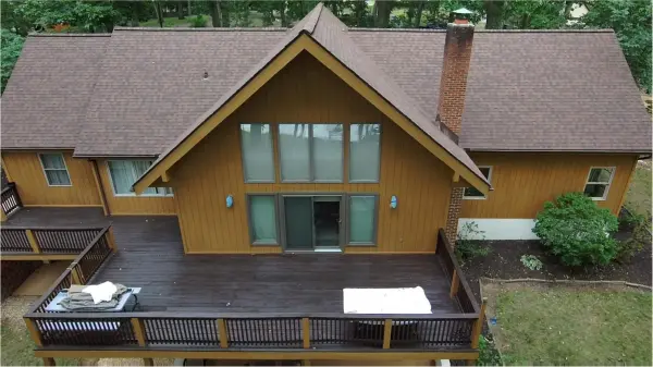 Completed roof replacement in East Berlin, PA, aerial view of finished home.