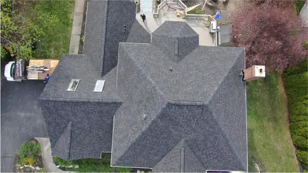 Completed roof replacement in Mechanicsburg, PA, aerial view of new roof.