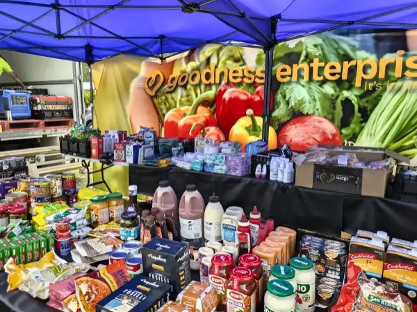 Fresh fruit and vegetables on display at a Goodness Enterprises community market in Ipswich