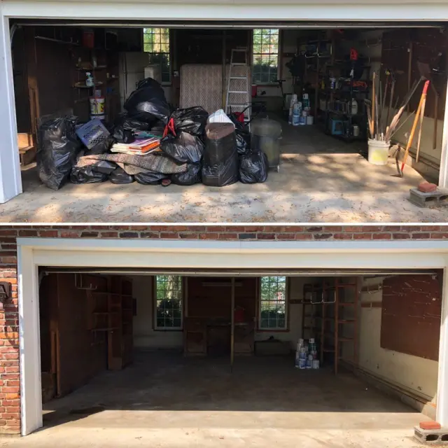 Garage before and after a Marvin’s Hauling junk removal project