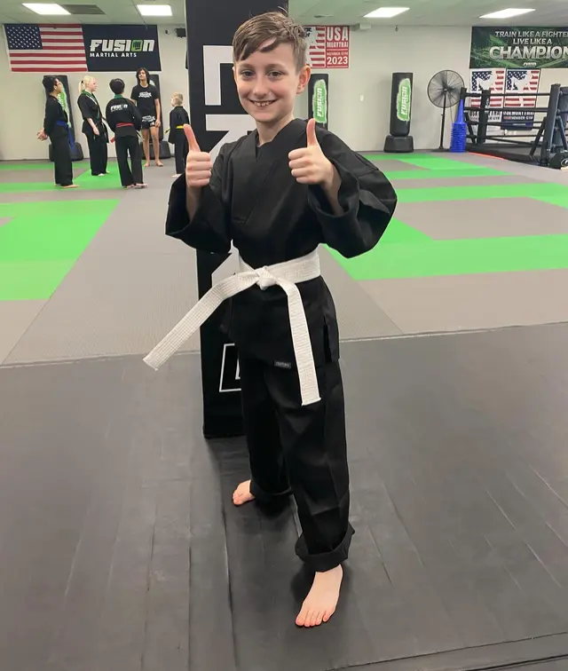 White belt student at Fusion Martial Arts in Bloomington