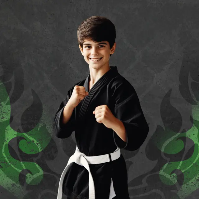 Youth Warriors student in a martial arts stance at Fusion Martial Arts
