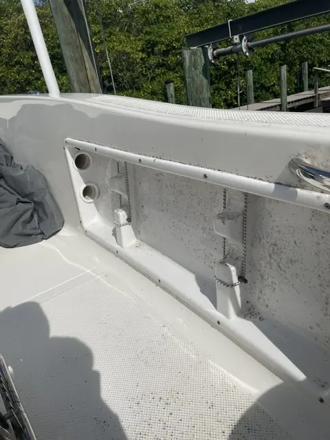 Cockpit and gunwale with mildew and staining before cleaning
