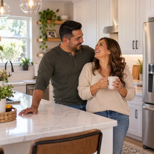 Pareja latina en su cocina remodelada