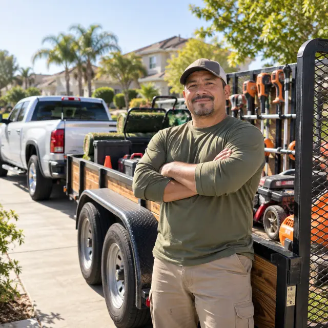 Dueño latino de negocio de jardinería con su equipo