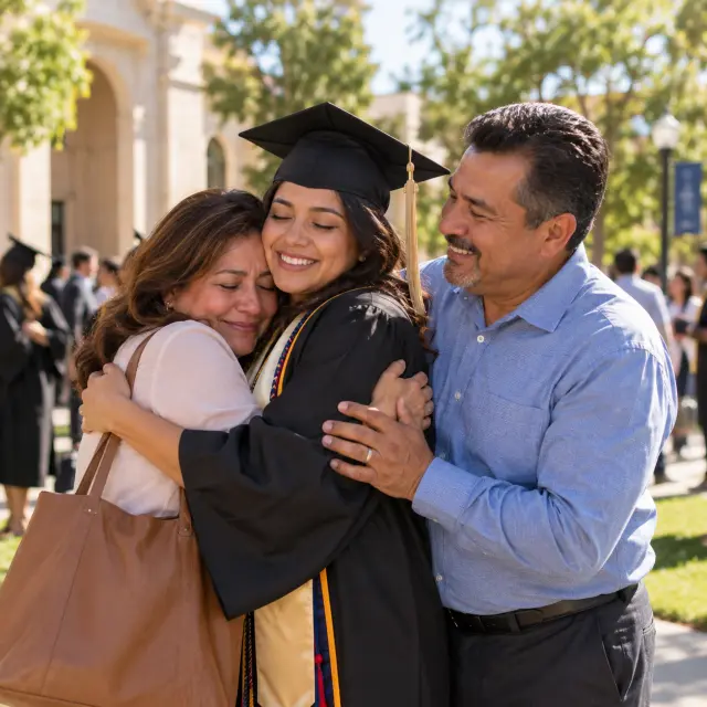 Padres latinos abrazando a su hija graduada