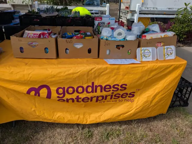 Goodness Enterprises banner table with grocery boxes at a community event