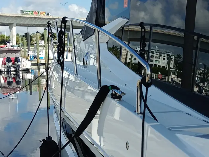 Yacht side deck and rail at the marina