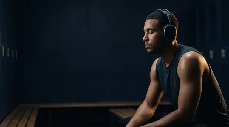 An athlete wearing headphones sits on a bench, focused