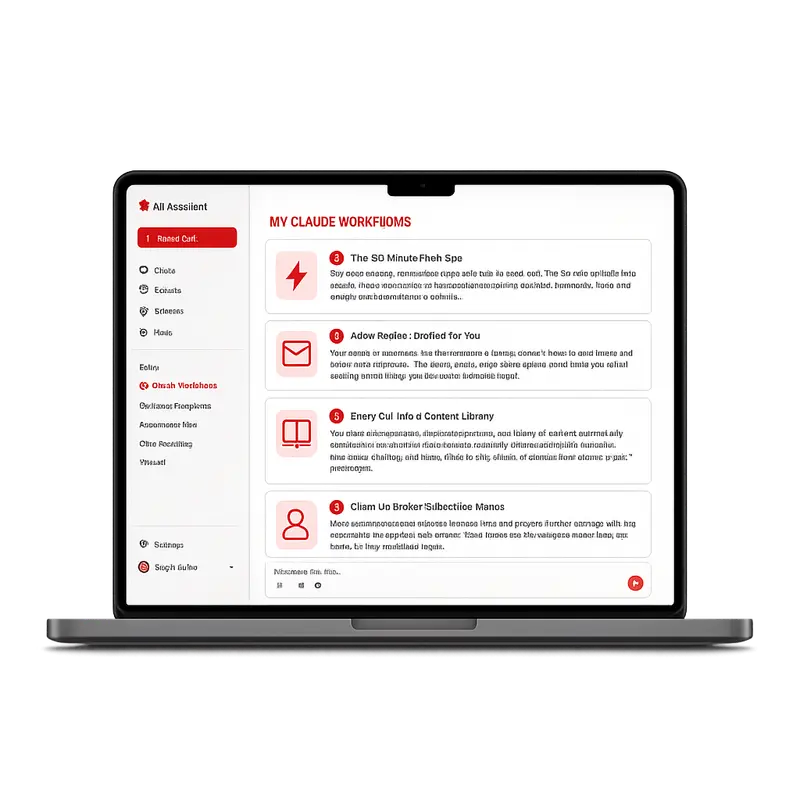 Laptop showing the Steal My Claude Workflows guide with all four workflows