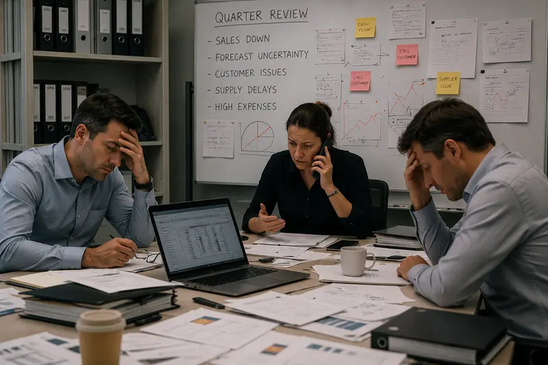 Stressed team working reactively around a cluttered table