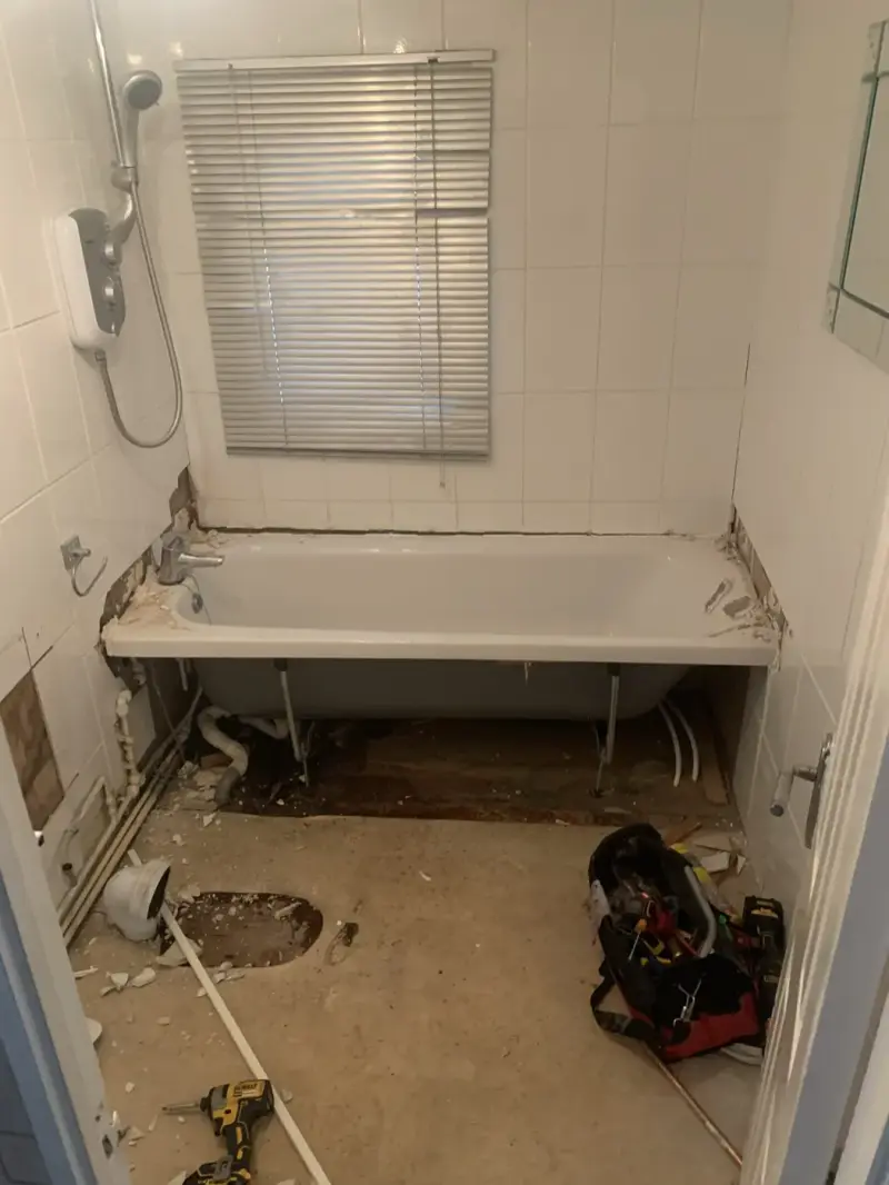 Old bathroom rip-out in an Oxford home after a leak