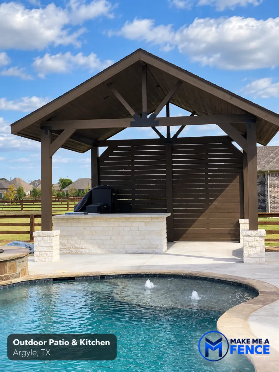 Outdoor patio and kitchen installed by Make Me A Fence in Argyle, Texas