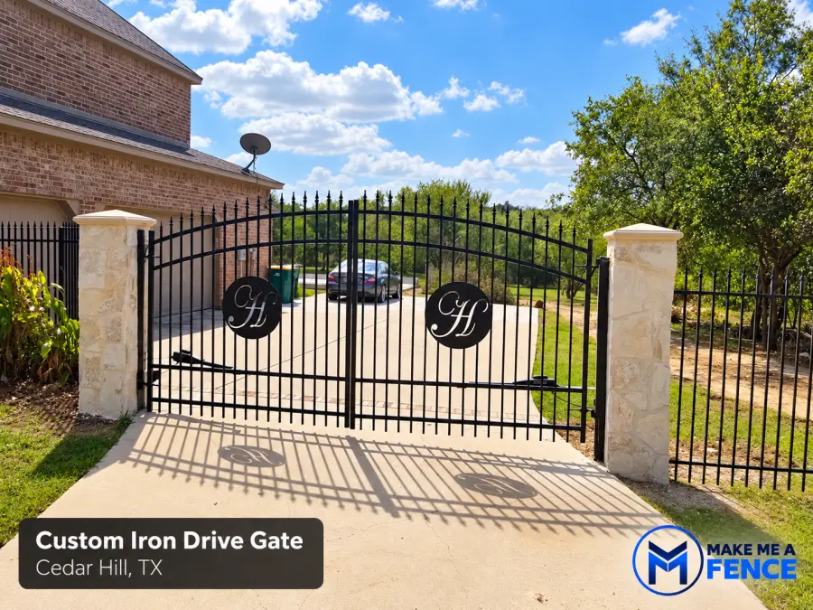 Custom iron drive gate installed by Make Me A Fence in Cedar Hill, Texas