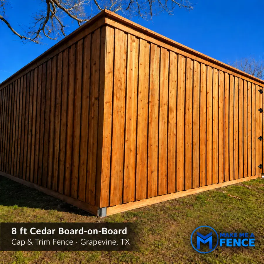 8ft cedar board-on-board, cap and trim fence installed by Make Me A Fence in Grapevine, Texas