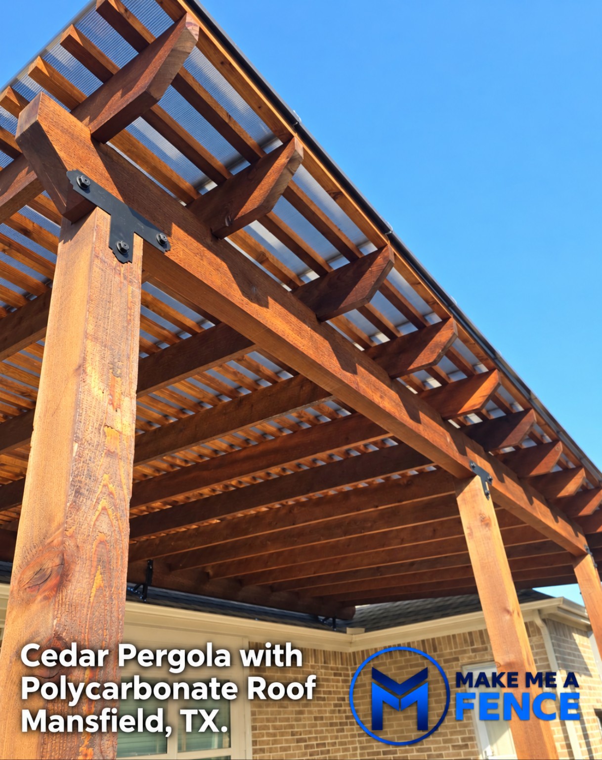 Cedar pergola with a polycarbonate roof built by Make Me A Fence in Mansfield, TX