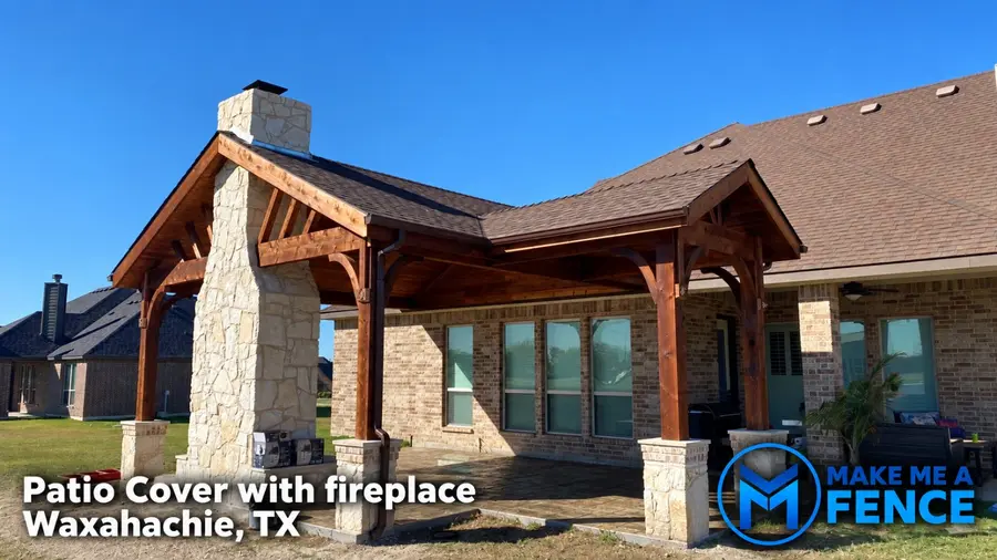 Patio cover with a fireplace built by Make Me A Fence in Waxahachie, TX