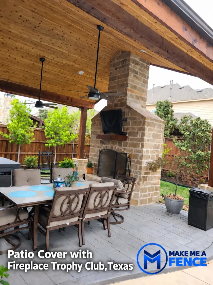 Patio cover with a fireplace built by Make Me A Fence in Trophy Club, TX