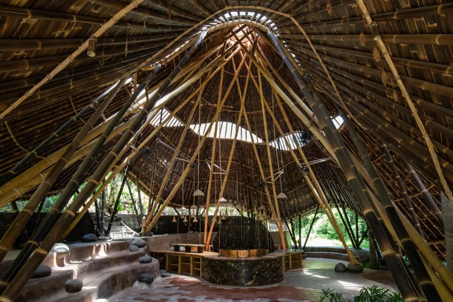 Inside a bamboo building designed with digital tools