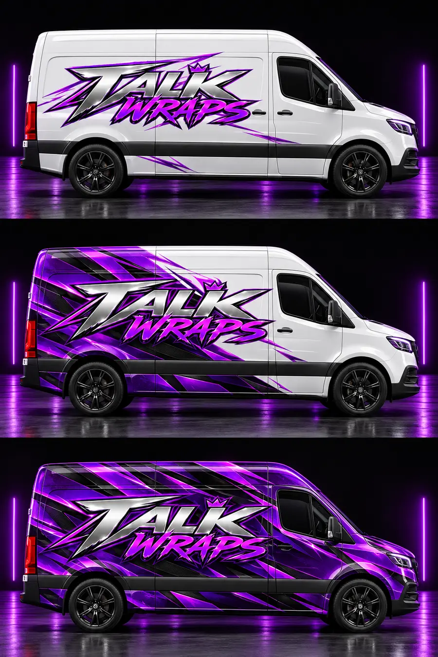 Talk Wraps Furgoneta de carga — vinilado parcial morado con pintura blanca visible. Concepto de cobertura generado con IA.